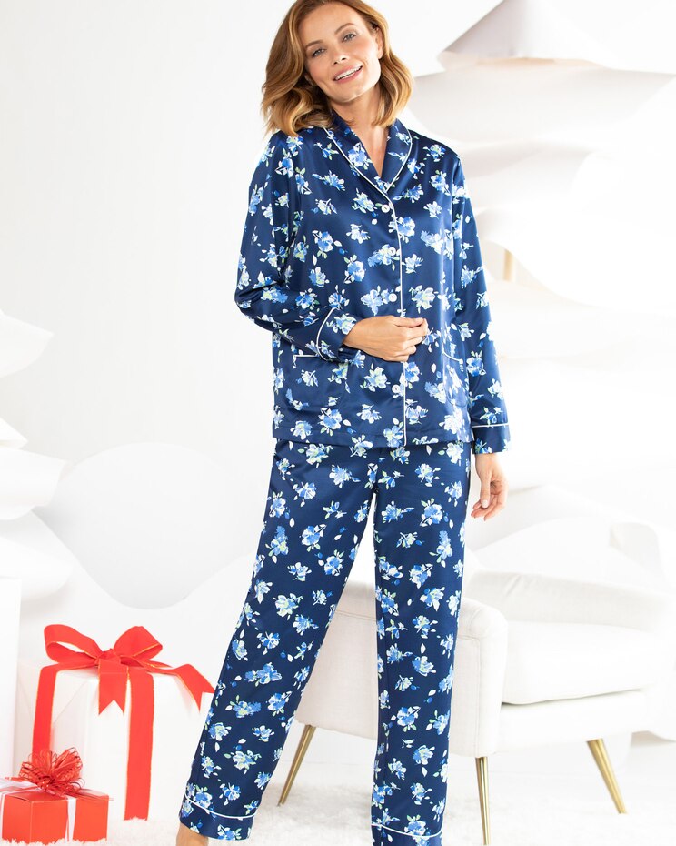 Twilight Floral Brushed-Back Satin Shawl Collar Pajamas image number 1