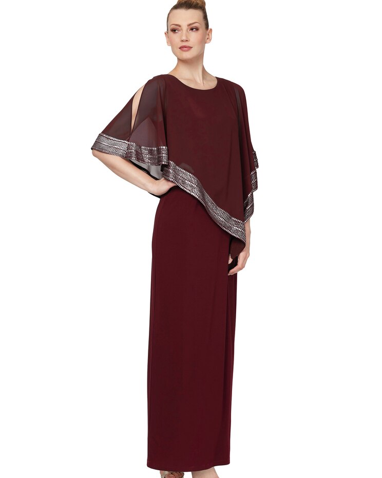 Alex Evenings Attached Cape Long Asymmetrical Foil Edge Gown image number 1