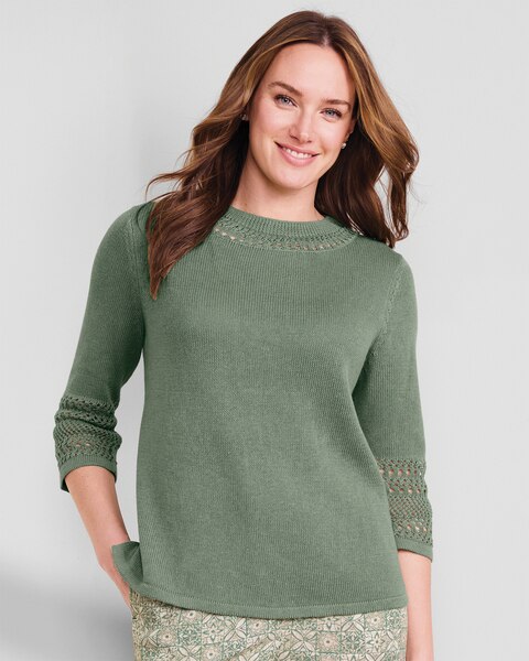 Linen/Cotton Crochet-Trim Pullover 