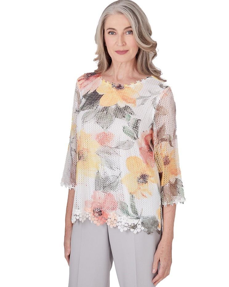 Alfred Dunner® Charleston Watercolor Floral Mesh Top image number 3