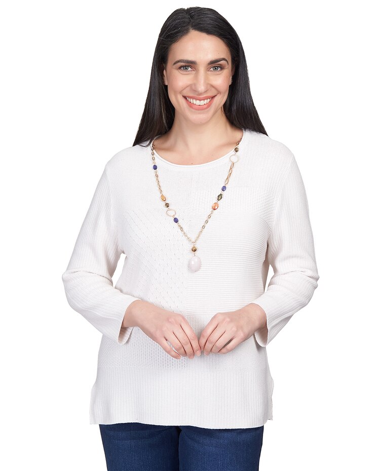 Alfred Dunner® Autumn Weekend Solid Texture Split Hem Sweater with Necklace image number 1