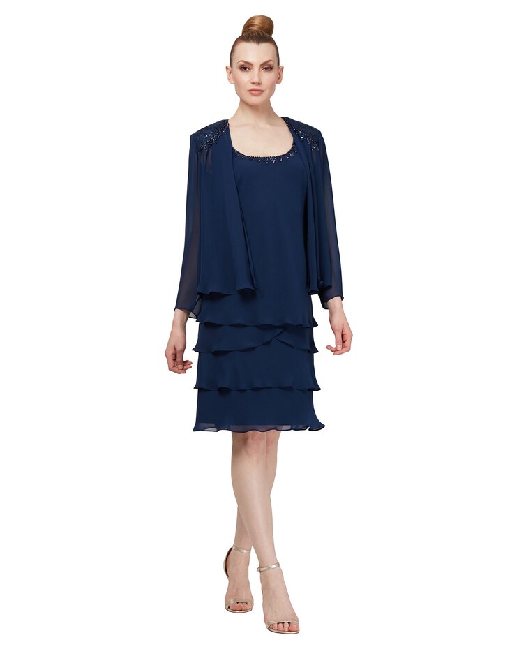 Alex Evenings Beaded Shoulder Tiered Chiffon Two Piece Jacket Dress image number 1