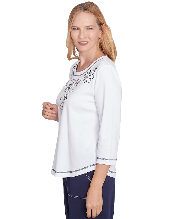 Alfred Dunner® Block Island Floral Embroidered Neckline Three Quarter Sleeve Top image number 4
