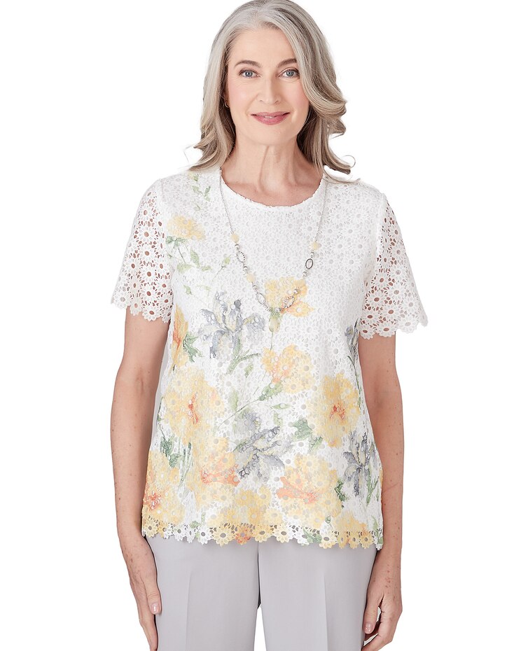 Alfred Dunner® Charleston Short Sleeve Floral Lace Top With Detachable Necklace image number 1