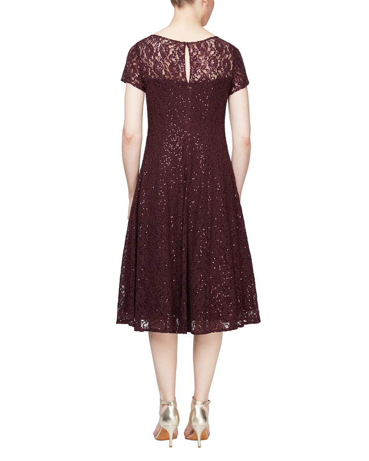 S.L. Fashions Cap Sleeve Tea Length Sequin Lace Dress image number 3