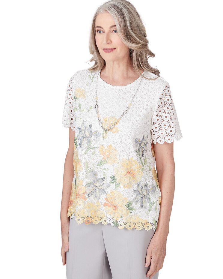 Alfred Dunner® Charleston Short Sleeve Floral Lace Top With Detachable Necklace image number 3