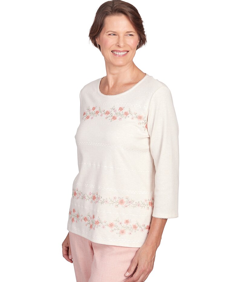 Alfred Dunner® English Garden Flower Biadere Embroidery Split Hem Top image number 3