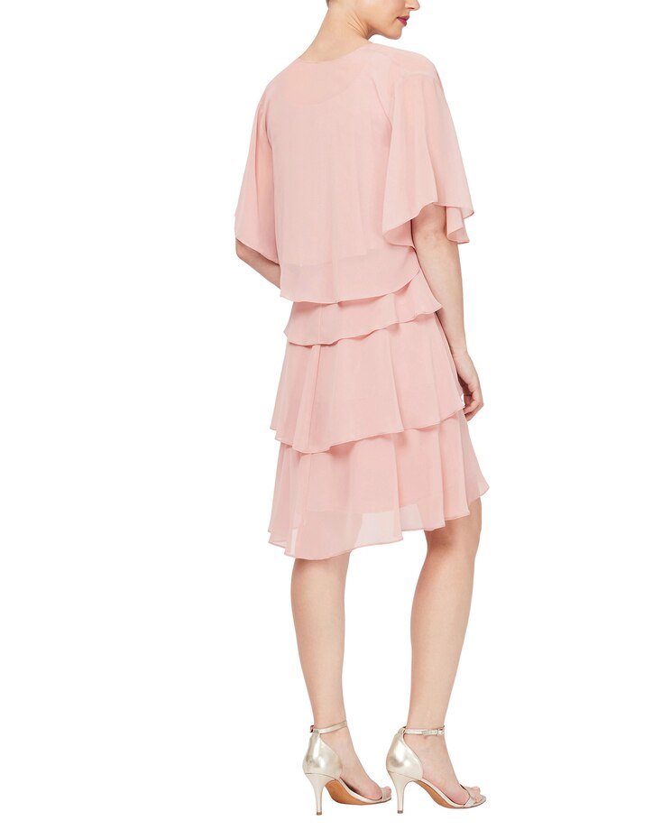 S.L. Fashions Long Dress with Asymmetrical Cape Overlay with Metallic Detail at Hem image number 2