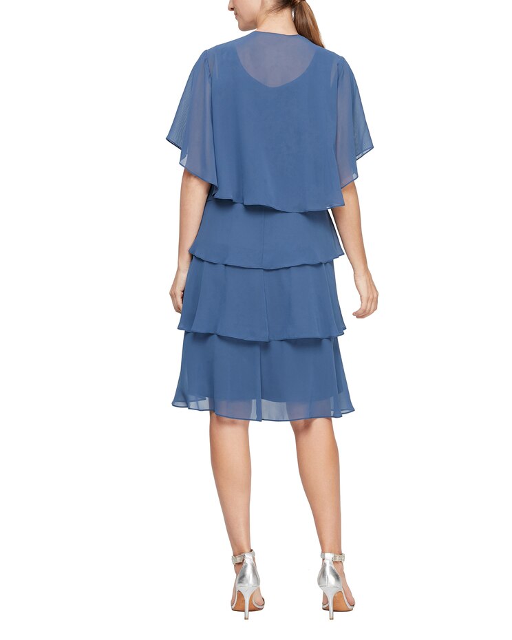 S.L. Fashions Long Dress with Asymmetrical Cape Overlay with Metallic Detail at Hem image number 4