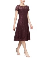 S.L. Fashions Cap Sleeve Tea Length Sequin Lace Dress thumbnail number 1