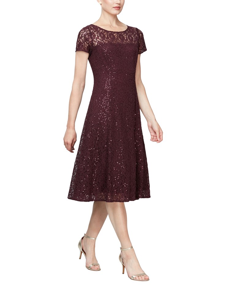 S.L. Fashions Cap Sleeve Tea Length Sequin Lace Dress image number 1