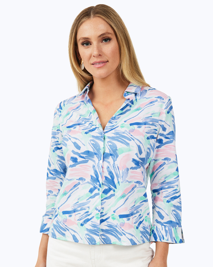Foxcroft Lucie 3/4 Sleeve Tropical Paint Strokes Blouse image number 1