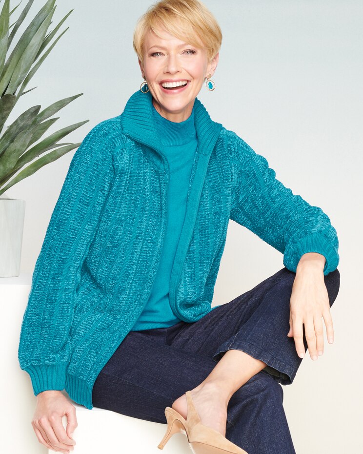 Chenille Zip-Front Long Sleeve Sweater Jacket image number 1