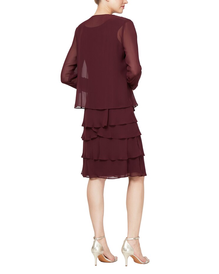 S.L. Fashions Lace Shoulder Beaded Tiered Dress image number 5