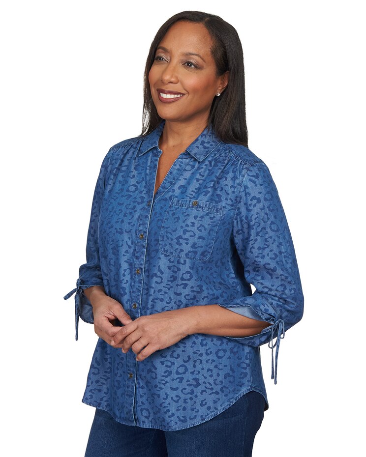 Alfred Dunner® Autumn Weekend Animal Print Tie Sleeve Button Up Top image number 4