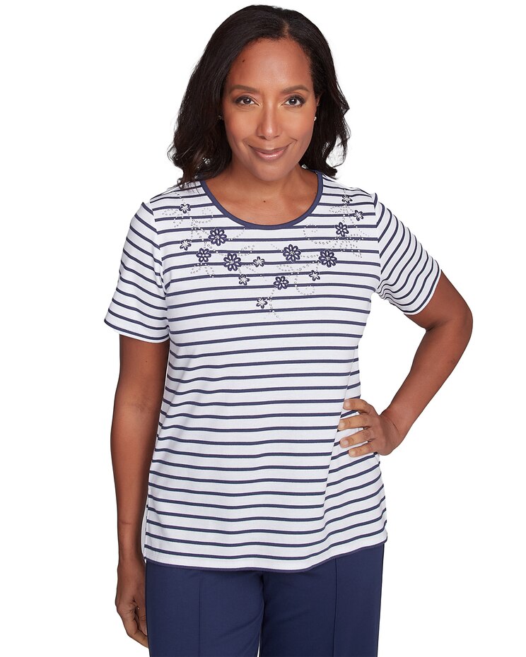 Alfred Dunner® Nantucket Beaded Floral Striped Tee image number 1