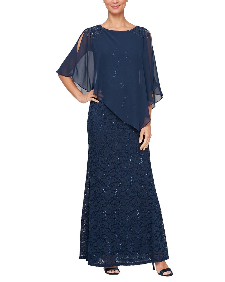 Beaded Shoulder Attached Cape Dress image number 1