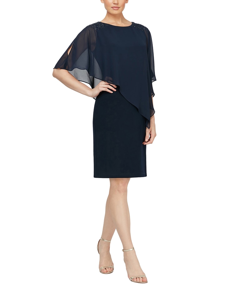 S.L. Fashions Beaded Chiffon Overlay Sheath Dress image number 1