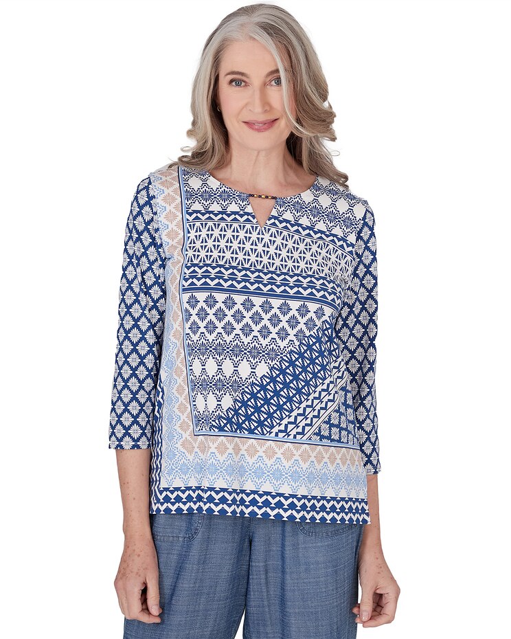 Alfred Dunner® Blue Bayou Geometric Three Quarter Sleeve Top image number 1