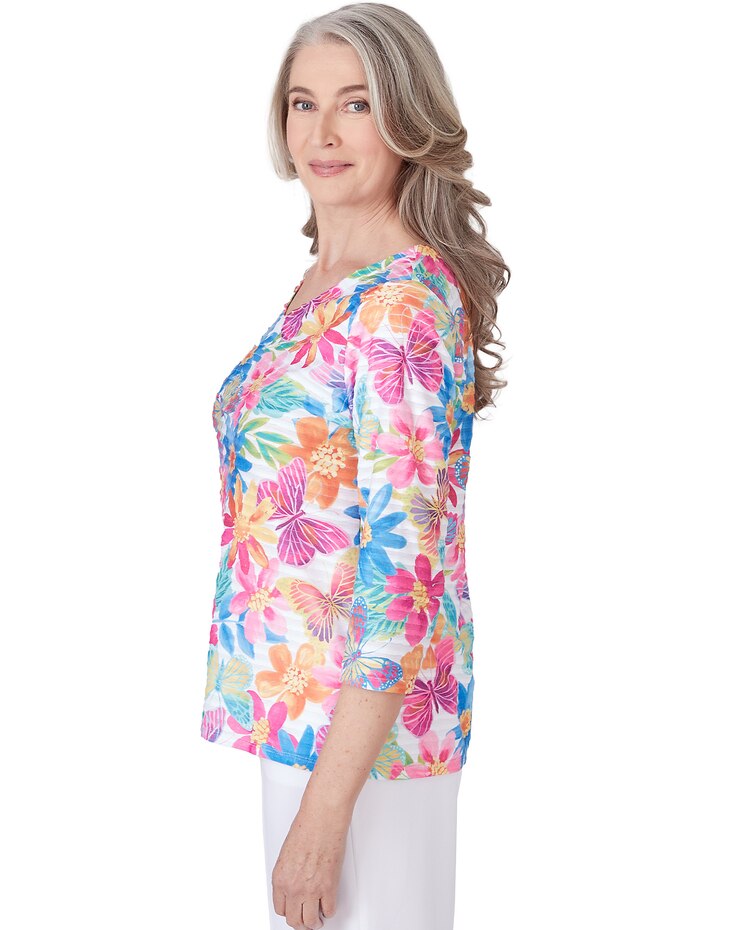 Alfred Dunner® Paradise Island Floral & Butterfly Pleated Ruffle Top image number 4