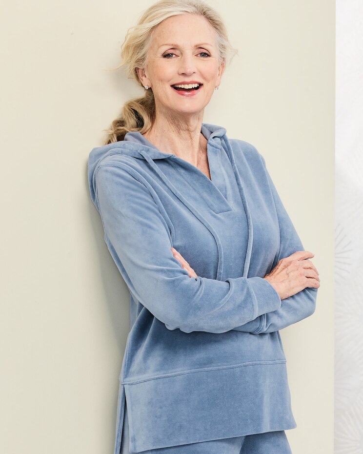 V-Neck Velour Hooded Tunic image number 1