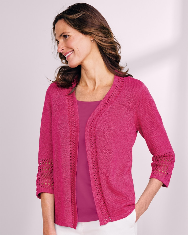Linen/Cotton Crochet-Trim Cardigan  image number 2