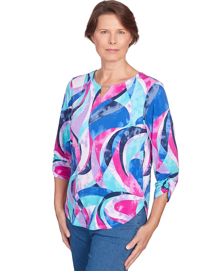 Alfred Dunner® Puff Print Stained Glass Swirl Split Neck Top image number 3