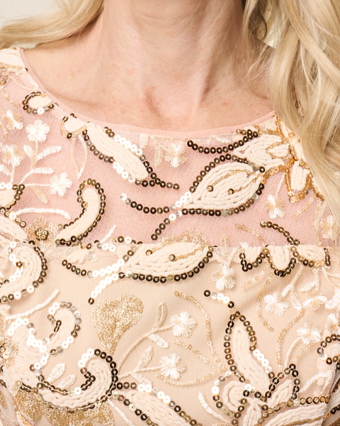Tea Length Embroidered A-Line Sequin Dress