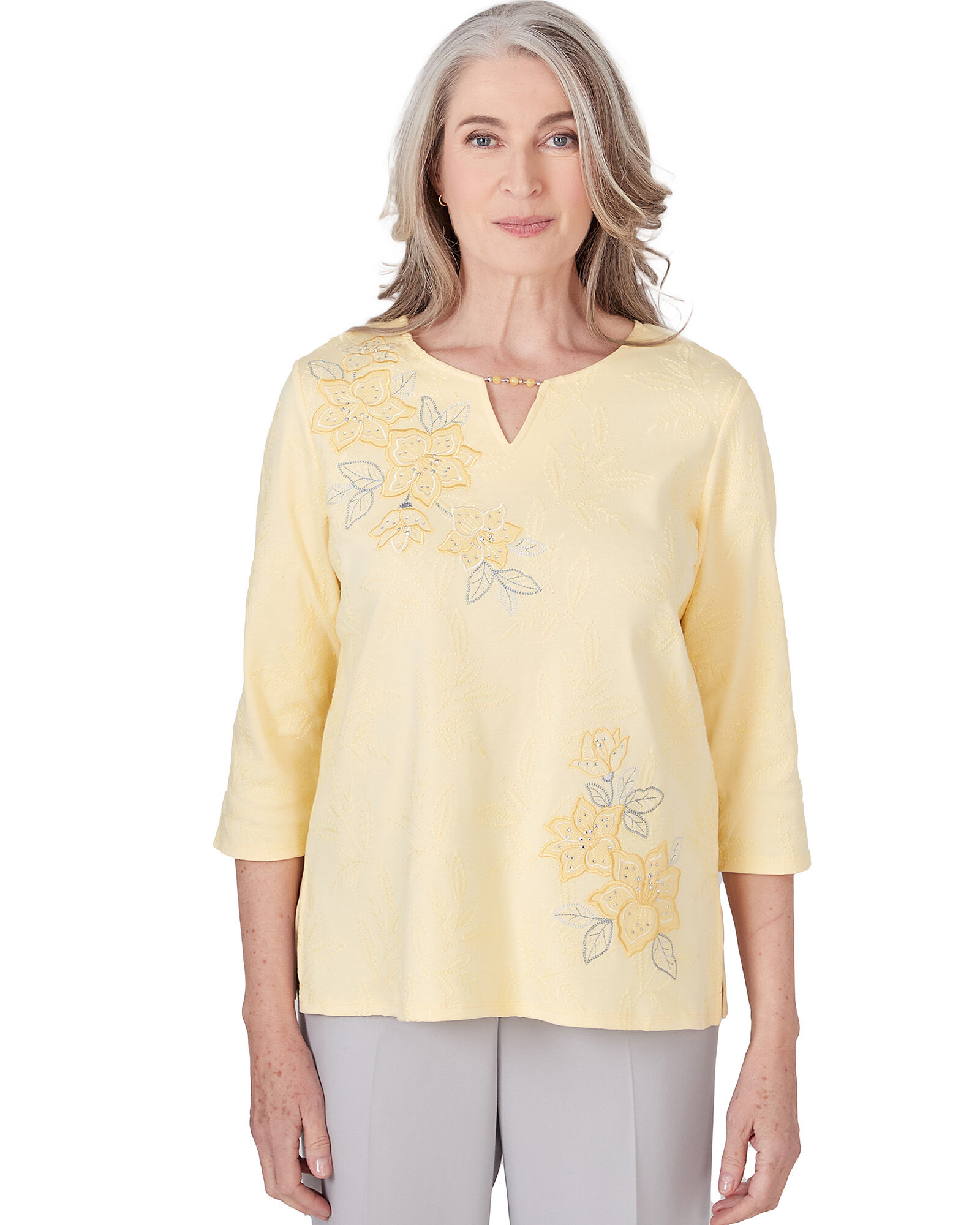 Alfred Dunner Charleston Three Quarter Sleeve Top with Embroidered Floral Details