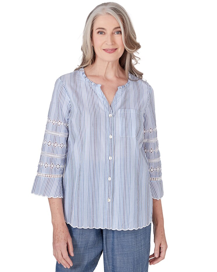 Alfred Dunner® Blue Bayou Pinstripe Embroidered Button Down Top image number 1