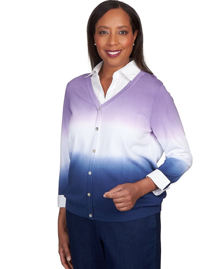 Alfred Dunner® Lavender Fields Ombre Pullover Cardigan Two In One image number 3