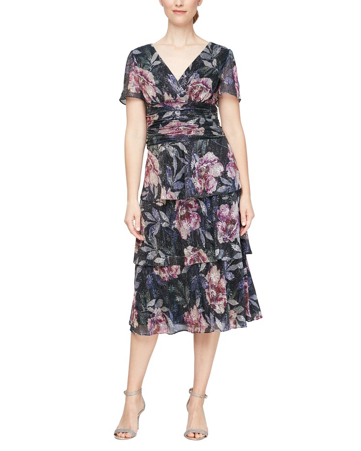 Printed Bodre Ruched Waist Tiered Midi Dress image number 1