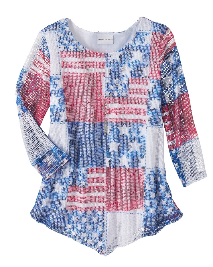 Alfred Dunner Flag Patchwork Mesh Top image number 1