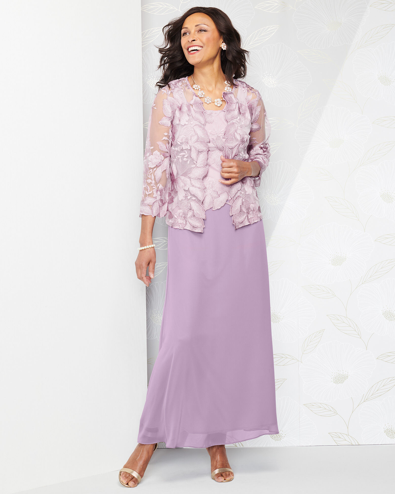 Alex Evenings Long Embroidered Dress With Illusion Jacket