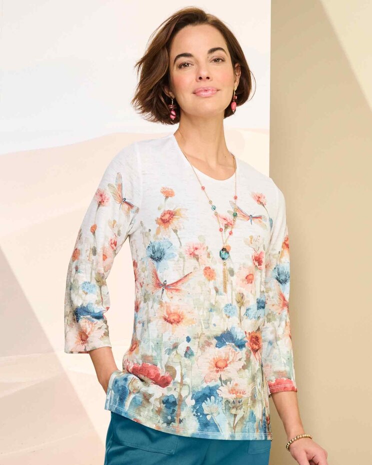 Alfred Dunner Floral And Dragonfly Print Top image number 1