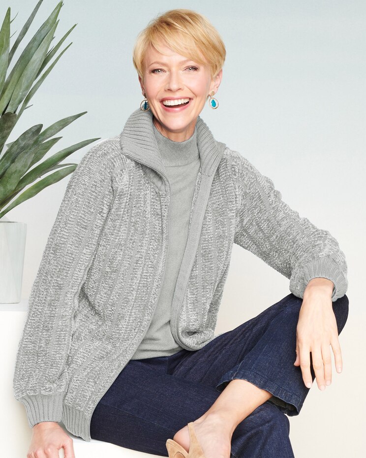 Chenille Zip-Front Long Sleeve Sweater Jacket image number 1