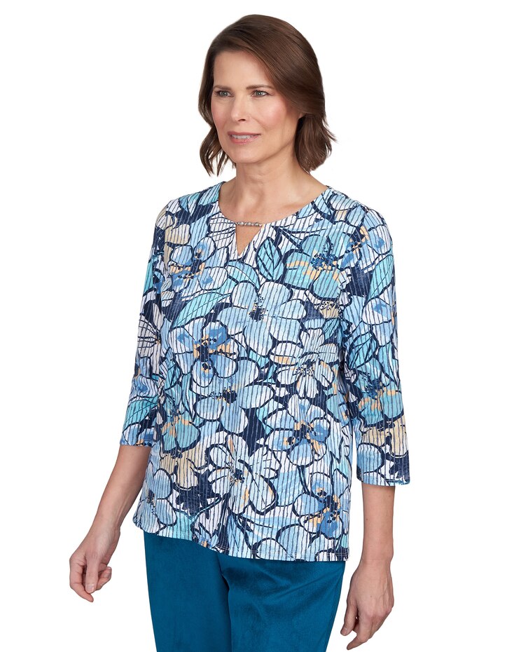 Alfred Dunner® Stripe Floral Beaded Split Neck Top image number 3