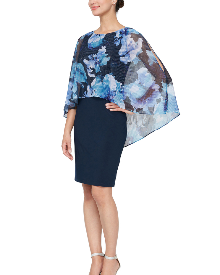 Alex Evenings Attached Cape Shimmer Printed Popover Sheath Dress image number 1