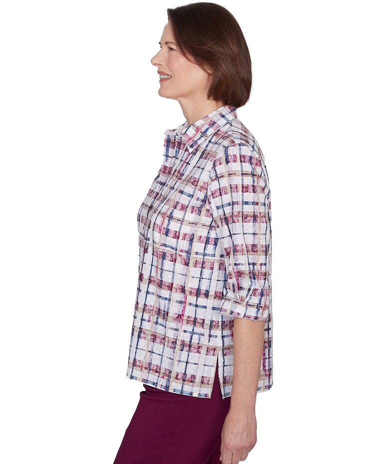 Alfred Dunner® Classics Plaid Cuffed Sleeve Button Down Top image number 4