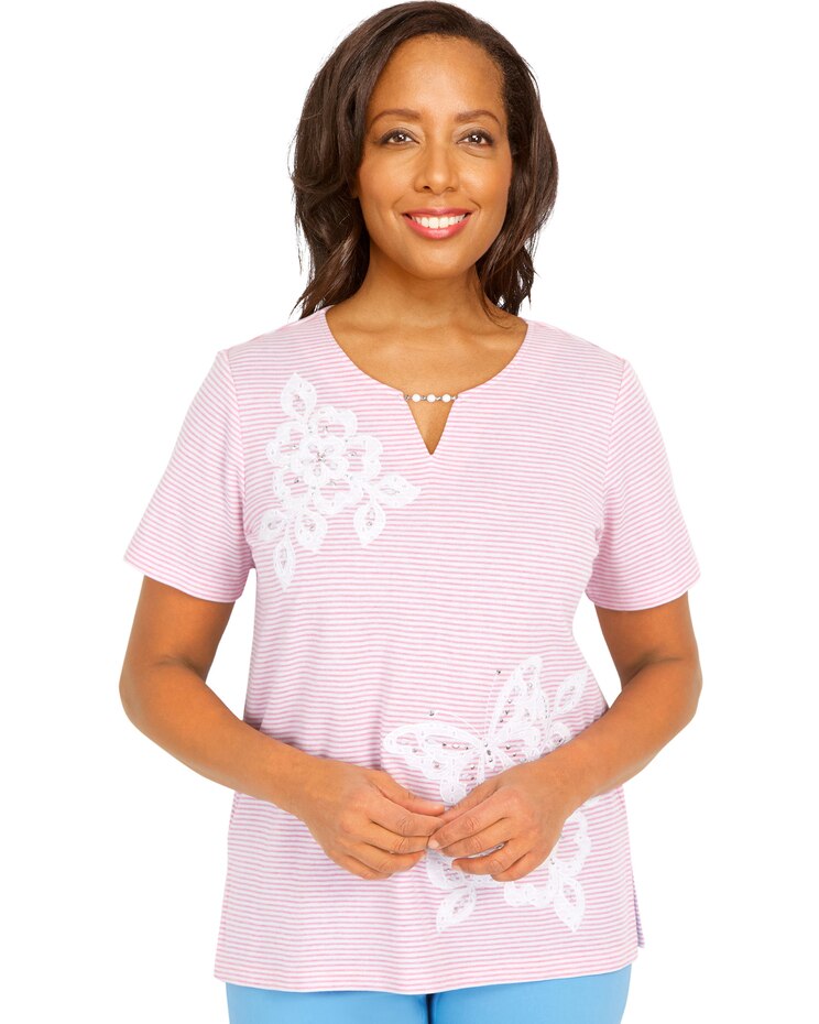 Alfred Dunner® Short and Sweet Butterfly Applique Split Neck Top image number 1