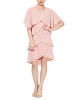 S.L. Fashions Long Dress with Asymmetrical Cape Overlay with Metallic Detail at Hem thumbnail number 1