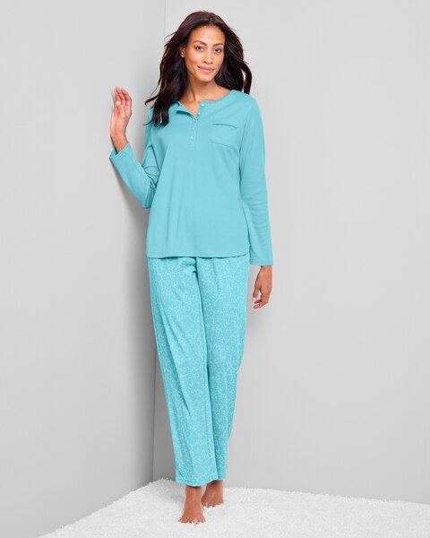 Lace-Print Knit Henley Pajamas