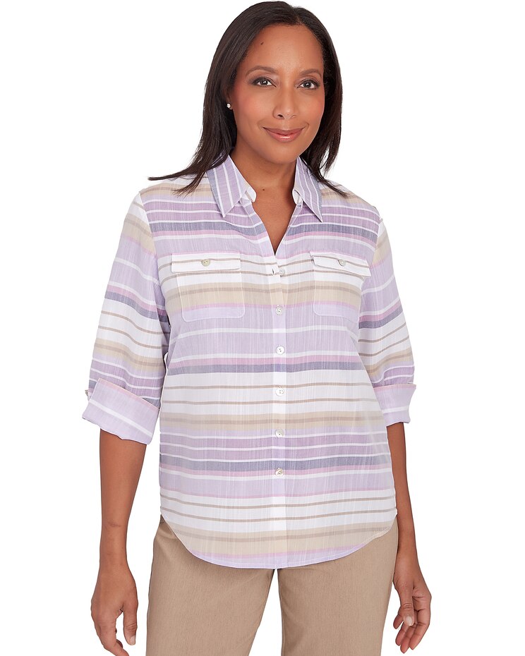 Alfred Dunner® Charm School Horizonatal Stripe Button Down Top image number 1