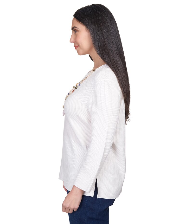 Alfred Dunner® Autumn Weekend Solid Texture Split Hem Sweater with Necklace image number 3