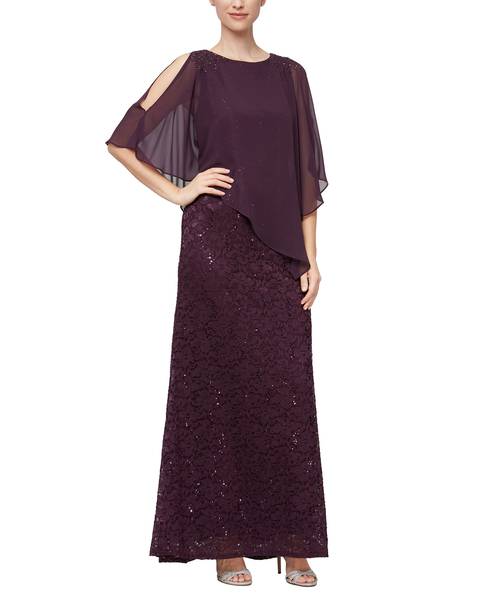 Beaded Shoulder Attached Cape Dress