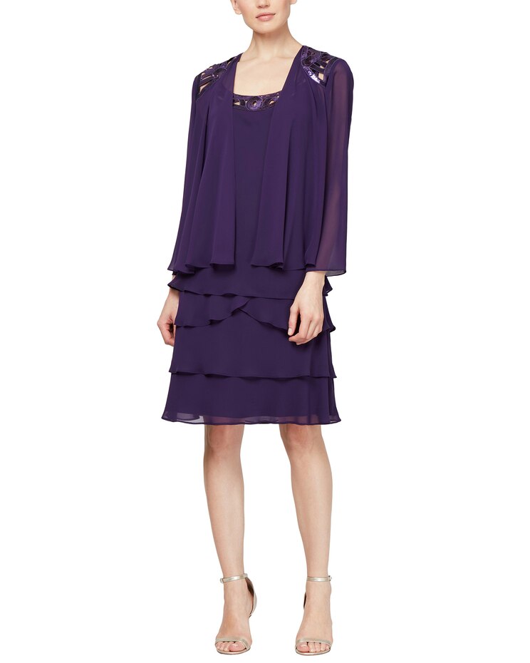 S.L. Fashions Tea Length Embroidered A-Line Dress with Illusion Neckline image number 1