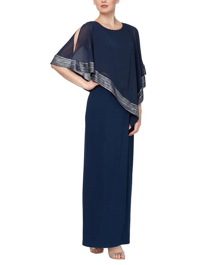 S.L. Fashions Long Dress With Asymmetrical Cape Overlay image number 1
