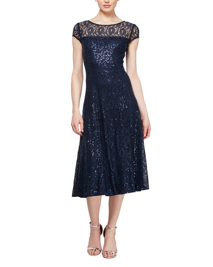 S.L. Fashions Cap Sleeve Tea Length Sequin Lace Dress image number 1