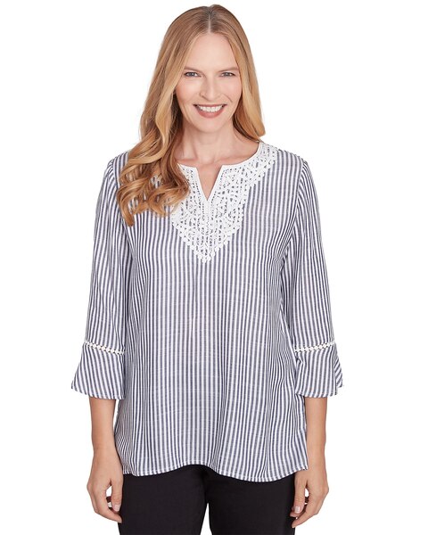 Alfred Dunner® Classics Embroidered Split Neck Striped Top