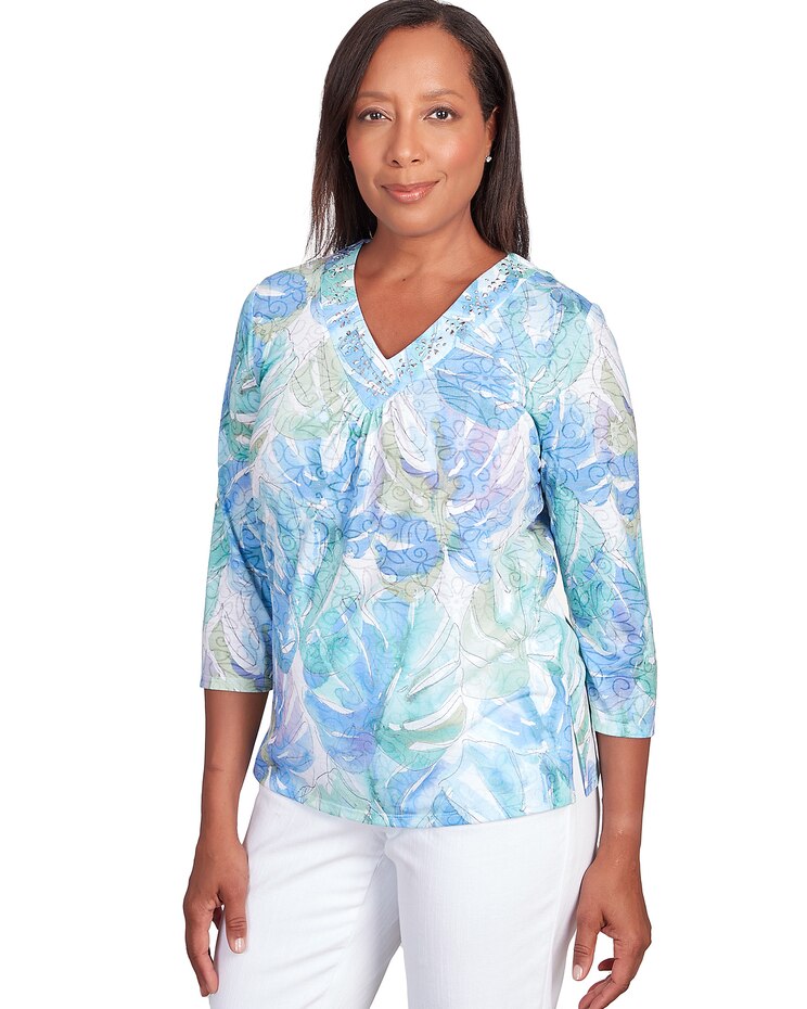 Alfred Dunner® Leaves Bordered V-Neck Top image number 3